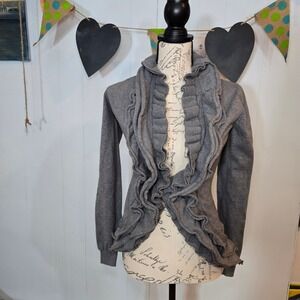 Pink Rose Gray Ruffle Open Front Cardigan Sweater Womens Medium  Cotton Mix